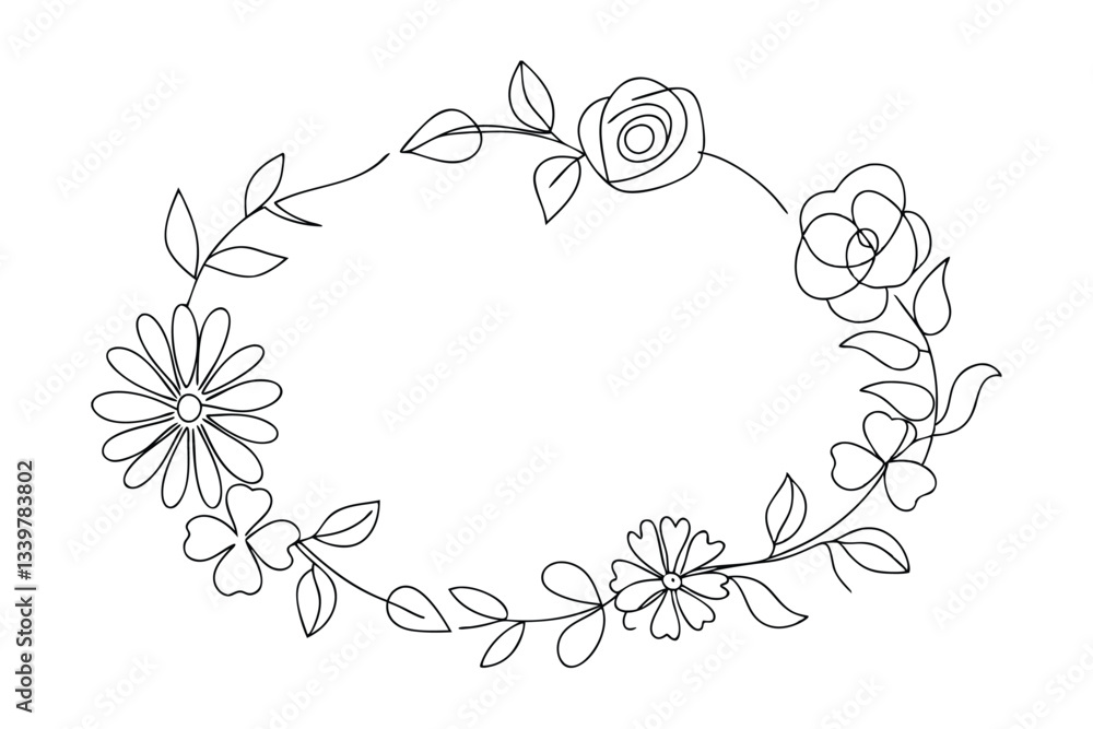 Elegant Floral Wreath Design Roses, Daisies, Leaves, Frame Elegant Floral Wreath Design Roses, Daisies, Leaves, Frame