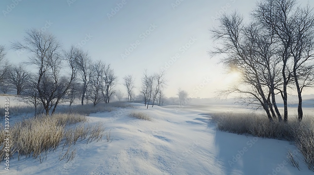 Obraz premium Snow laden pines line a winding trail in winters embrace image