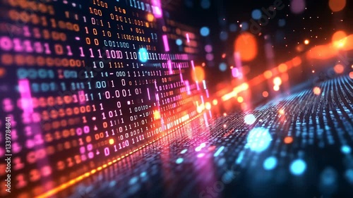 Wallpaper Mural Abstract Digital Data Stream with Binary Code in Blue Pink and Orange Tones Torontodigital.ca