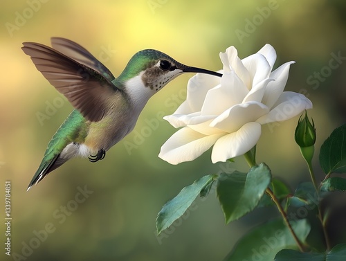 Hummingbird's Nectar Delight: A vivid hummingbird hovers delicately near a pristine rose, its long beak poised to sip the sweet nectar, capturing a moment of natural beauty and the essence of spring.