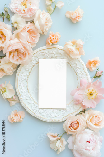 A blank card mockup on a plate on a blue background decorated with flowers