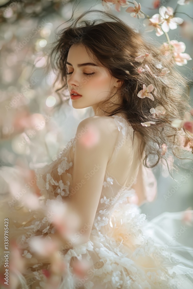 Close up of a fantasy scene featuring a beautiful woman adorned in a flowing gown crafted entirely from delicate apple blossoms. Close up of a fantasy scene featuring a beautiful woman adorned in a flowing gown crafted entirely from delicate apple blossoms.
