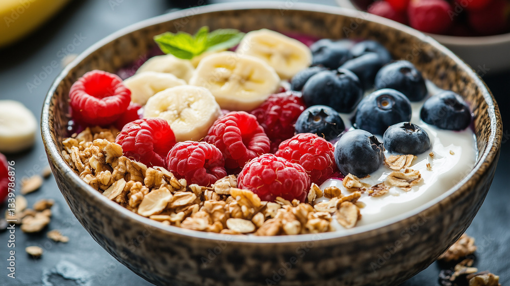 Fresh fruit and yogurt bowl with granola and nuts