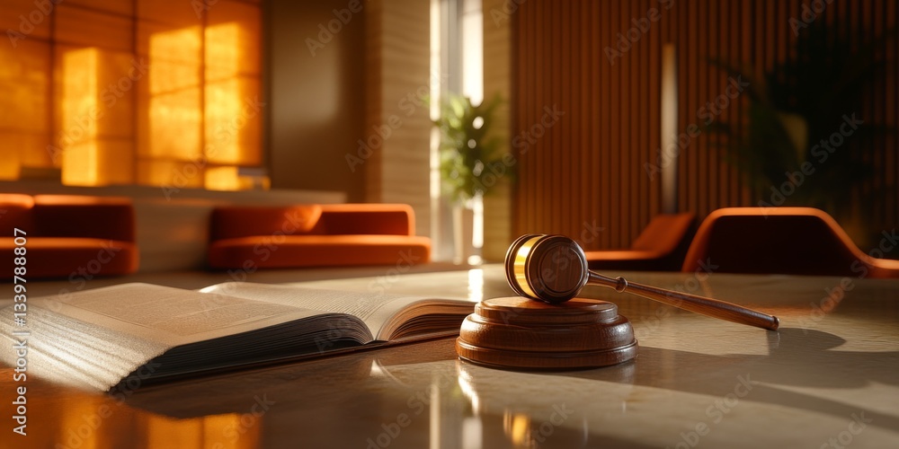 Obraz premium A law office scene featuring a gavel and an open book on a polished table. Warm sunlight creates a welcoming atmosphere. Ideal for legal themes and professional settings. AI