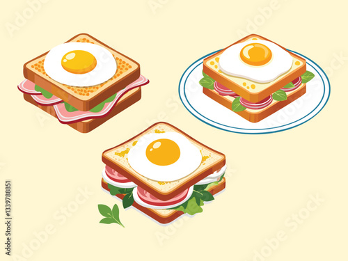 Vector illustration of a Croque Madame Grilled Ham and Cheese with Fried Egg