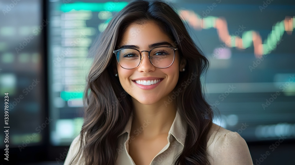 Financial Analyst: Confident financial analyst, illuminated by the glow of multiple monitors showcasing stock market charts, exudes intelligence and success. Financial Analyst: Confident financial analyst, illuminated by the glow of multiple monitors showcasing stock market charts, exudes intelligence and success.