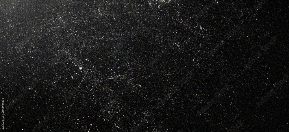 Fototapeta premium Dark grunge paper texture with distressed, scratched surface and white dust particles. Retro vintage style black background with subtle imperfections