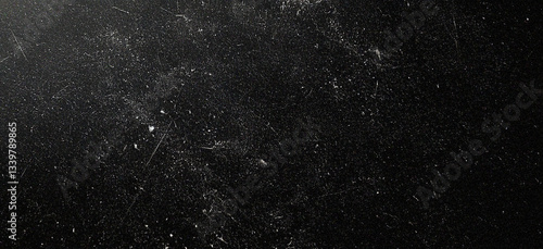 Dark grunge paper texture with distressed, scratched surface and white dust particles. Retro vintage style black background with subtle imperfections