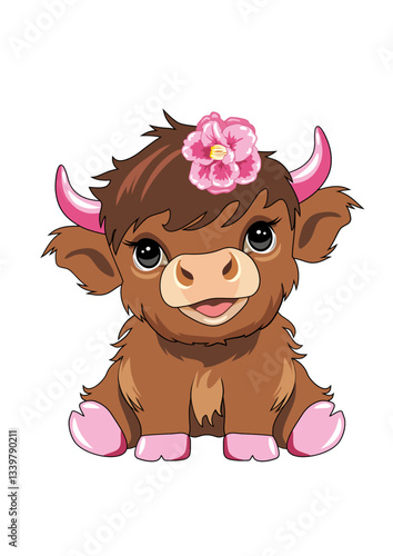 Cute baby highland cow with a pink flower on her head