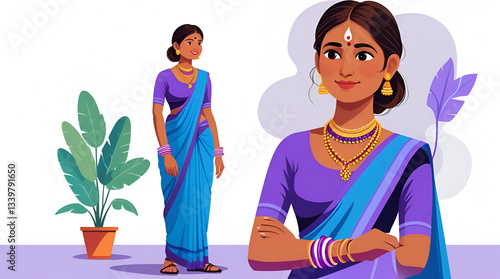 30 years old indian woman,  Brown face, round face, violet blouse, blue saree with violet border, standing towards left side , looking a person, wearing violet colour bangles, plaited hair, 2 good eye