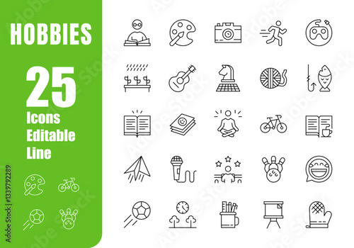 Conjunto de iconos editables de pasatiempos. Actividades recreativas, creatividad, entrenamiento, deportes, música. Ilustración vectorial en estilo moderno