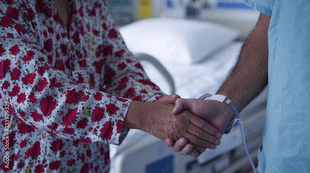 Fototapeta premium Colon cancer treatment and therapy, A caring moment of connection between two individuals in a hospital setting, highlighting compassion and support during a difficult time.