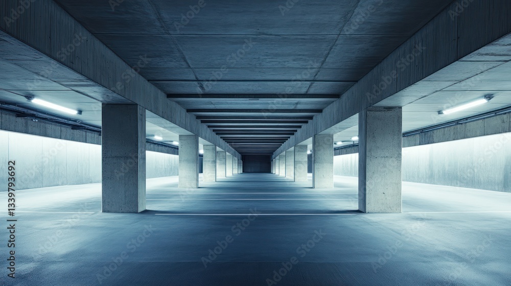 Empty Concrete Parking Garage With Fluorescent Lighting Empty Concrete Parking Garage With Fluorescent Lighting
