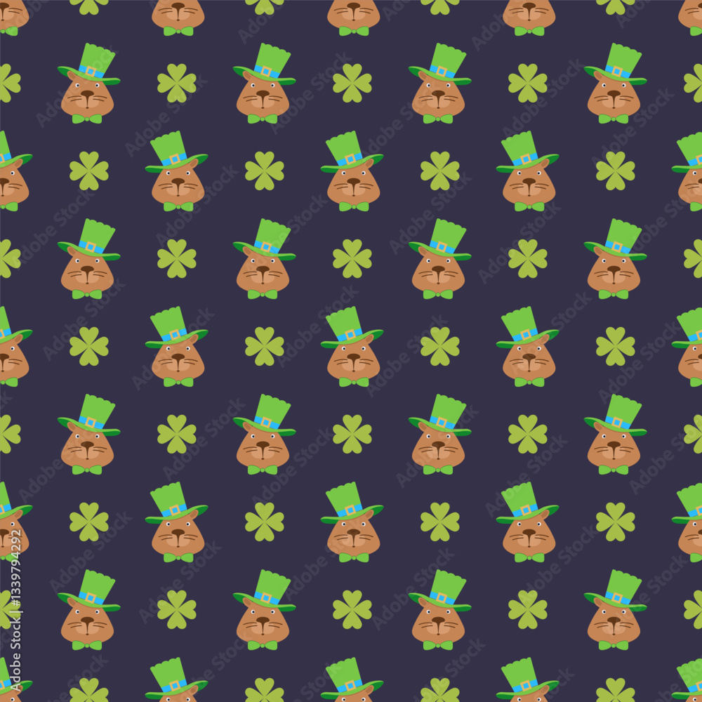 Fototapeta premium Capybara Patrick's Day Cute Cartoon Pattern, Ireland Vector