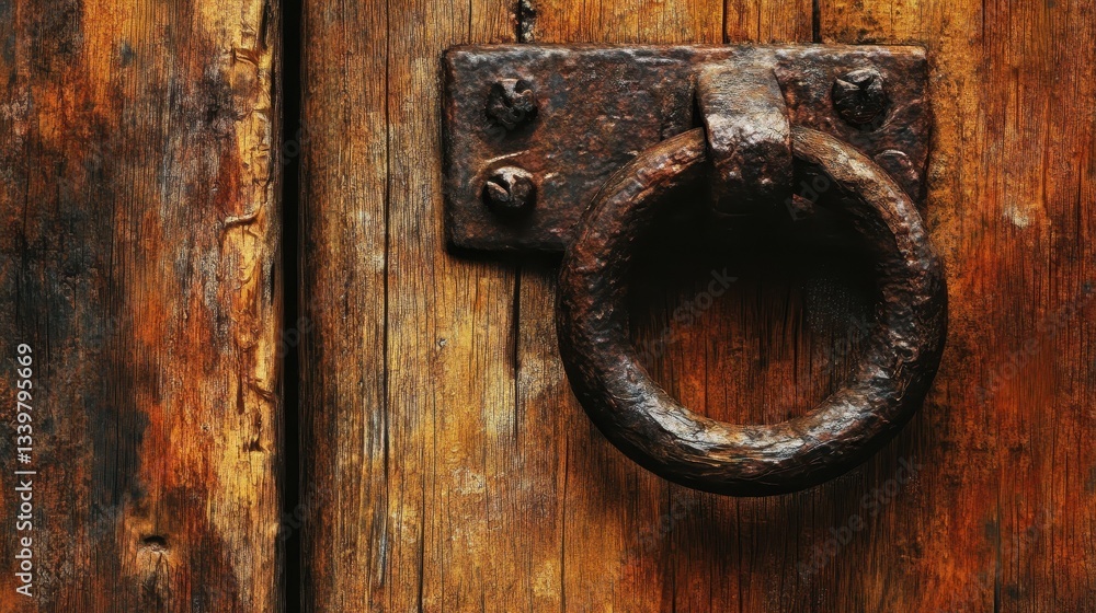 Close up view of a weathered wooden door and handle Close up view of a weathered wooden door and handle