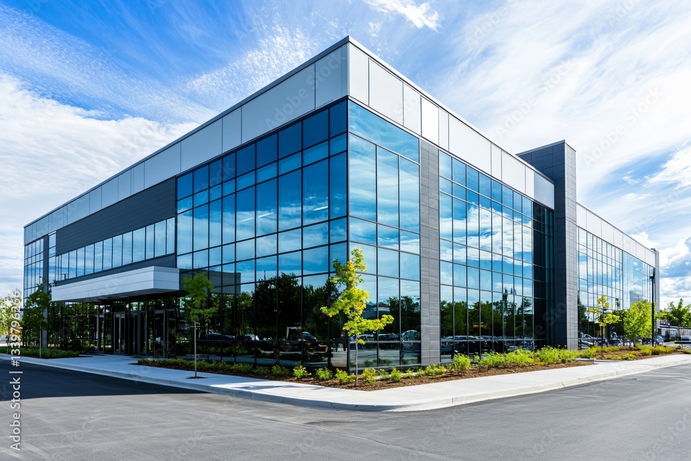 Fototapeta premium Modern architecture with glass facade under blue sky, commercial building concept for company office space, property investment background for corporate design