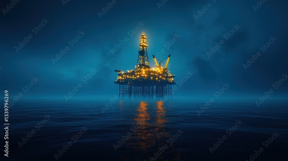 Fototapeta premium Nightfall at the Offshore Oil Rig: A Dramatic Silhouette Against the Deep Blue Sea
