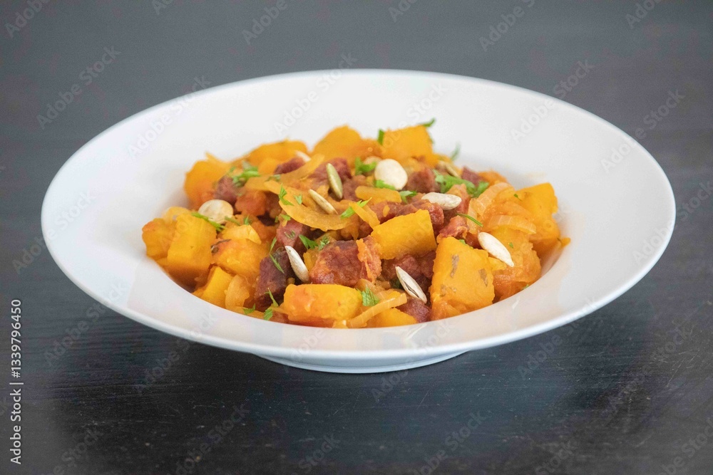 Traditional dried meat with pumpkin known in Brazil as jabá com jirimum Traditional dried meat with pumpkin known in Brazil as jabá com jirimum