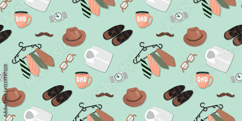Father's Day seamless pattern with men's accessories, clothes and boots.Ties on a hanger, wristwatch, shirt, moustache, glasses, hat, cup. Cartoon print on fabric and paper. Vector design for textile.