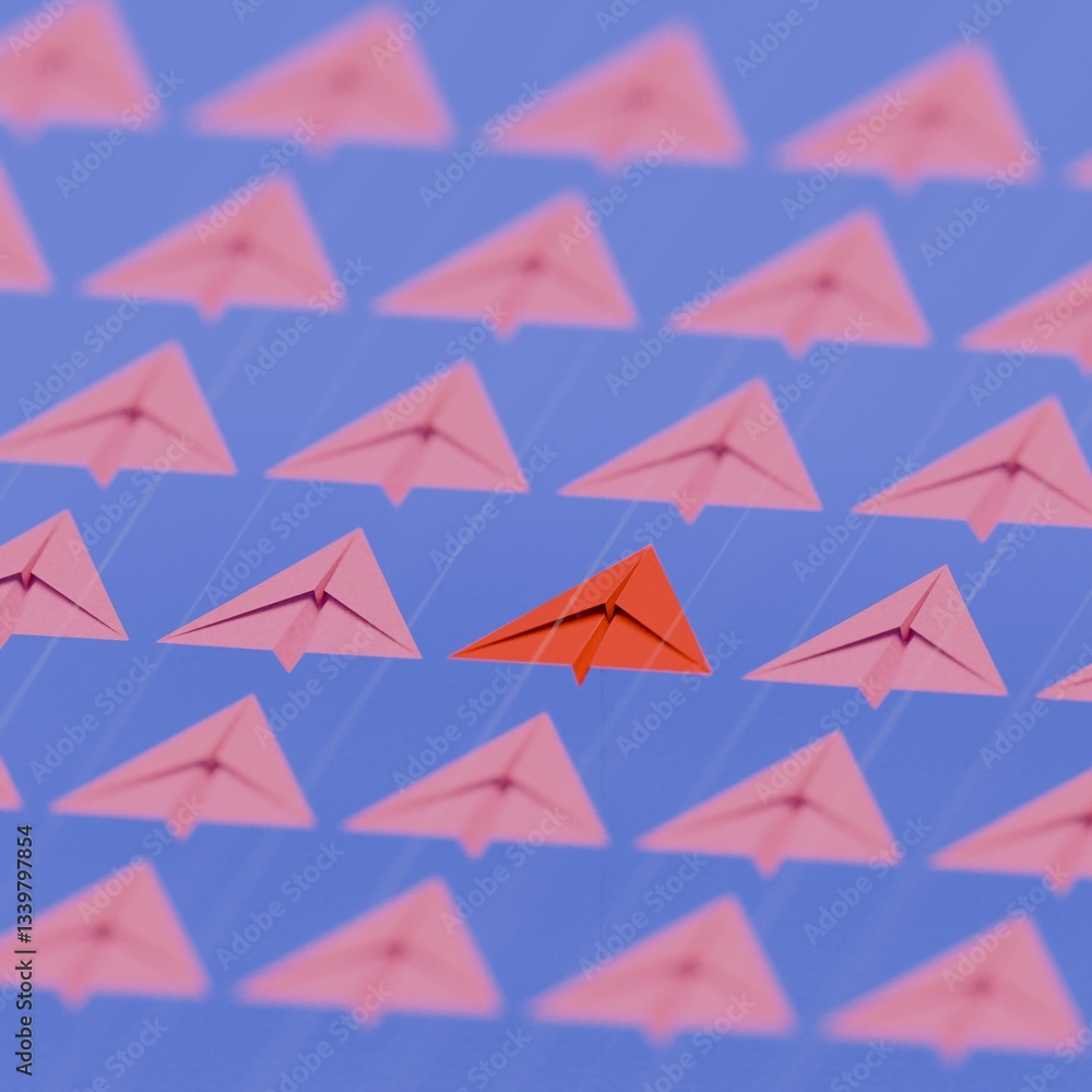 Red paper airplane leading among white paper airplanes on blue background Red paper airplane leading among white paper airplanes on blue background
