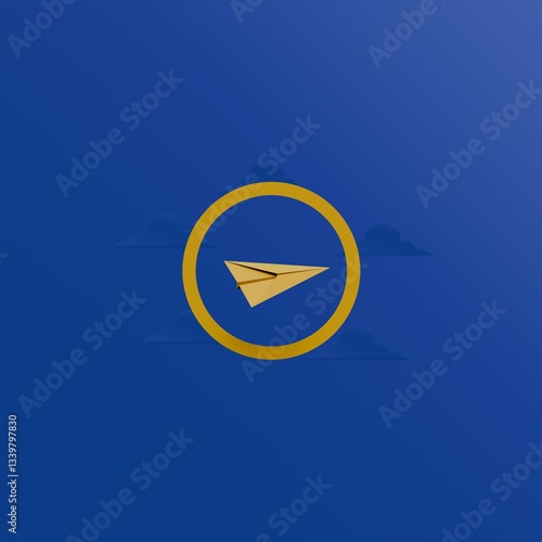 Yellow paper airplane inside a circular frame on a dark blue background with cloud silhouettes