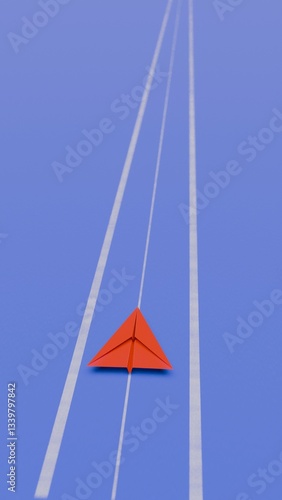 Red paper airplane flying on a different path with contrail on blue background