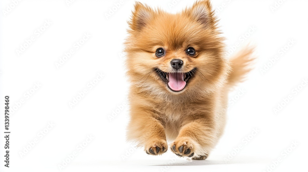 Obraz premium Tiny golden Pomeranian puppy joyfully runs with its fluffy tail raised