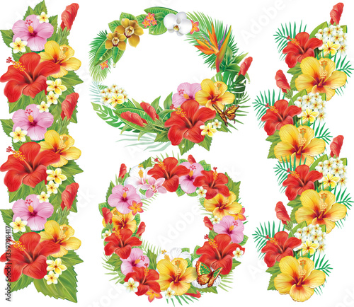 Hawaiian Hibiscus Wreaths and Leis with Tropical Leaves and Flowers, Perfect for summer, jungle themes, and tropical designs