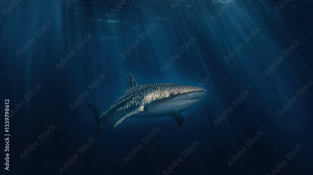 A majestic whale shark swims calmly through the deep blue water A majestic whale shark swims calmly through the deep blue water