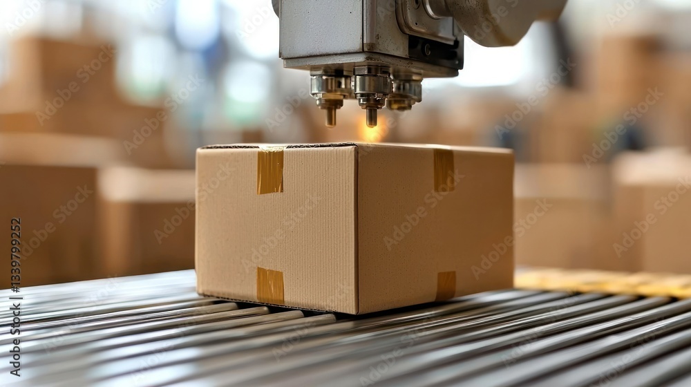 A cardboard box is being processed on an automated conveyor system A cardboard box is being processed on an automated conveyor system