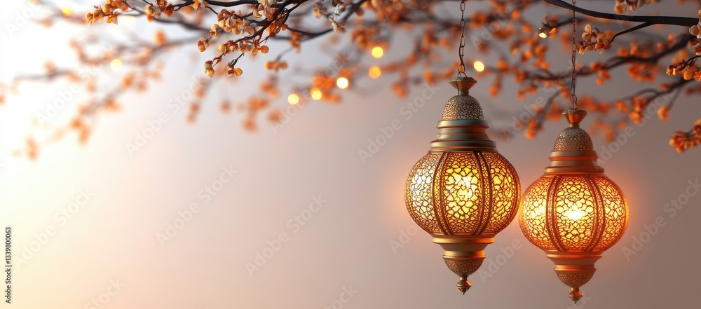 Fototapeta premium Two ornate hanging lanterns in warm orange and gold light against a blurred background of branches and out-of-focus lights. The lanterns are decorated with intricate patterns. The light from the