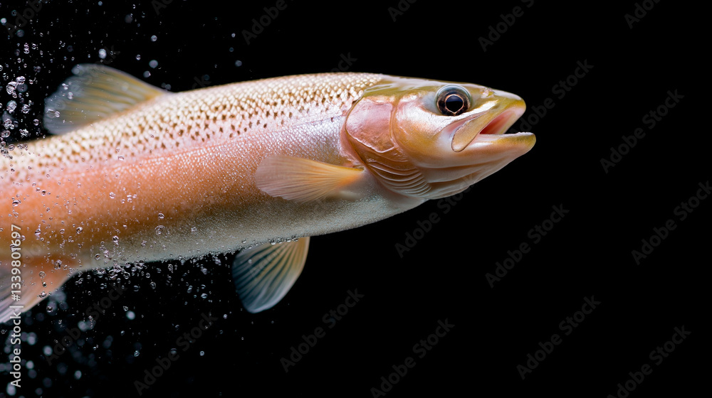 Golden trout swimming in motion against a deep black background. The detailed fish scales shimmer in the light, creating a vibrant contrast. Water droplets add dynamic energy to the scene. Golden trout swimming in motion against a deep black background. The detailed fish scales shimmer in the light, creating a vibrant contrast. Water droplets add dynamic energy to the scene.