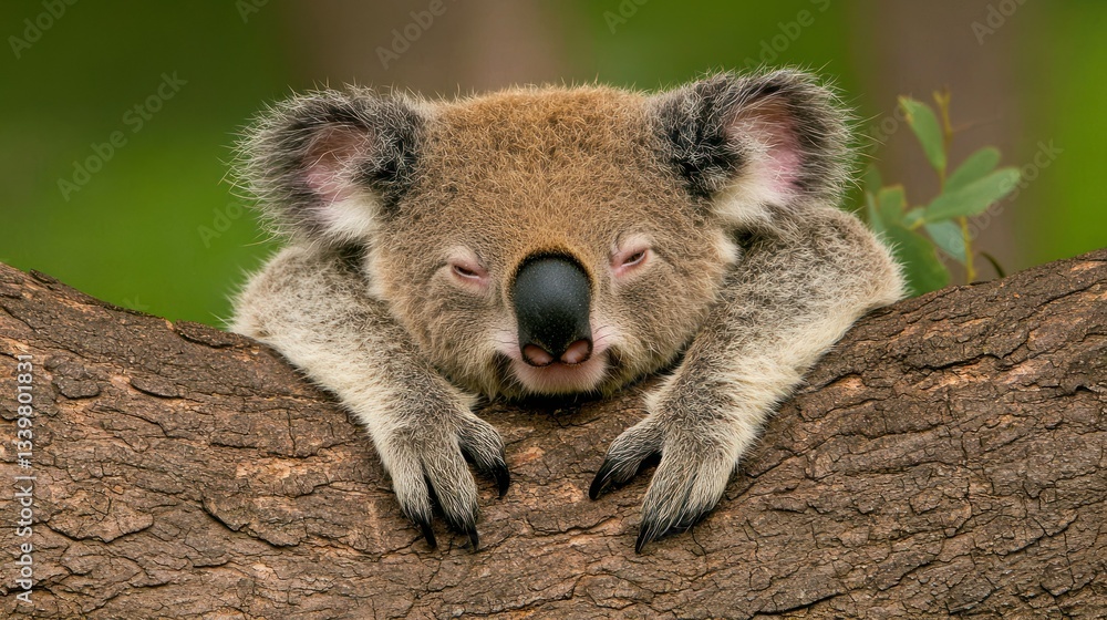 Naklejka premium A cute koala sleeping peacefully on a sturdy tree branch