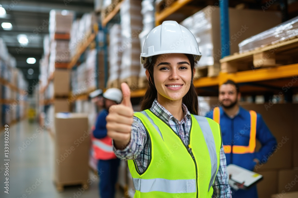 Female warehouse worker showing thumbs up sign
Female warehouse worker showing thumbs up sign