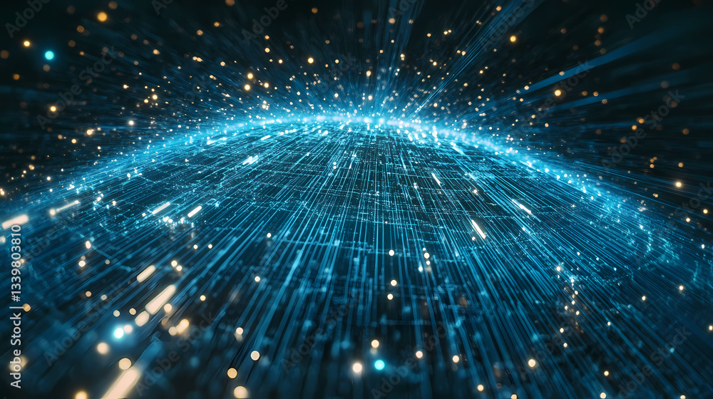 Naklejka premium Holographic global network grid with pulsing blue lines, technology connections glowing in the background, digital interconnectedness concept. Pulsing Network. Illustration