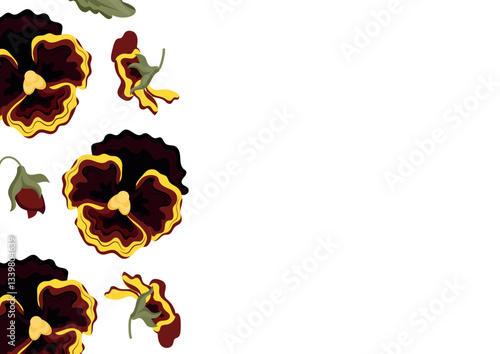 poster with yellow flowers, namely yellow pansies and various leaves, flower buds, for textiles or various packaging