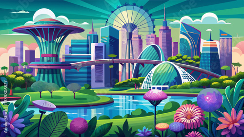 Singapore Skyline with Gardens by the Bay and Marina Bay Sands, Sinapore is Asian country