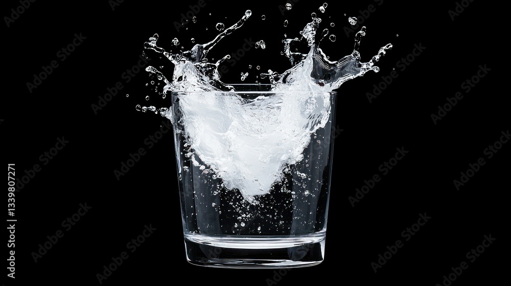 Water splashes dramatically as ice impacts inside of a glass Water splashes dramatically as ice impacts inside of a glass