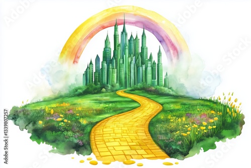 Watercolor fairytale fabulous emerald city, rainbow and yellow golden brick road isolated on white background. Hand drawn illustration sketch