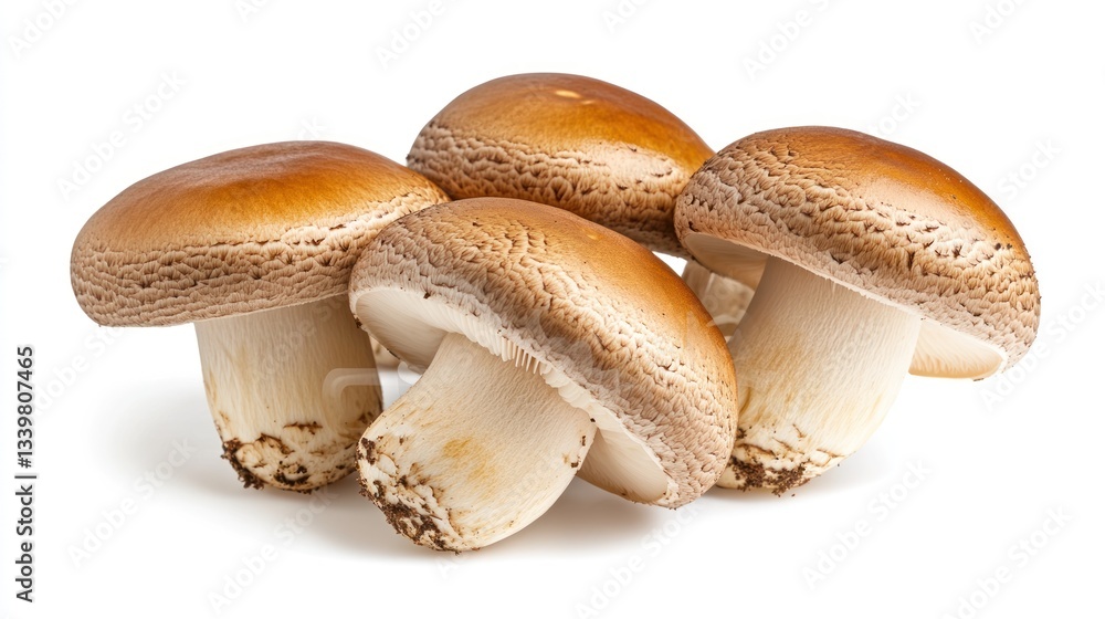 Close-up of Four Brown Mushrooms Isolated on White Background Close-up of Four Brown Mushrooms Isolated on White Background