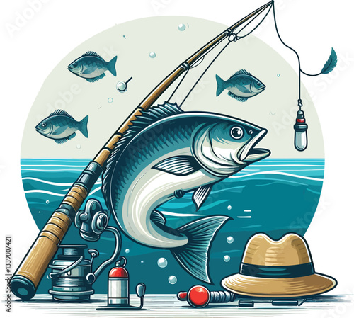 vector illustration of a fishing rod and fish for father's day