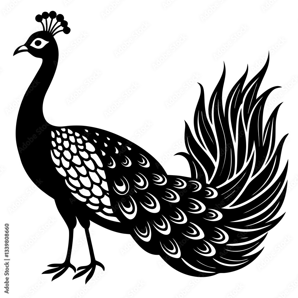 Fototapeta premium peacock simple black silhouette, Black silhouette vector icon, silhouette illustration