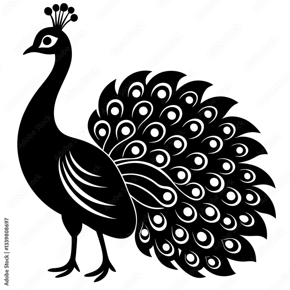 Fototapeta premium peacock simple black silhouette, Black silhouette vector icon, silhouette illustration