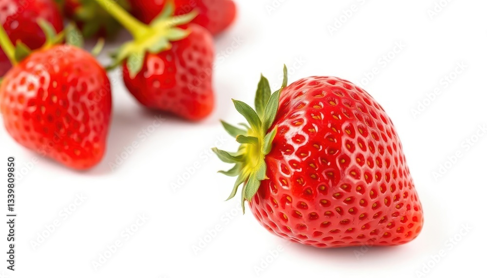 A single, ripe, red strawberry isolated on a pure white background, seed, agriculture A single, ripe, red strawberry isolated on a pure white background, seed, agriculture