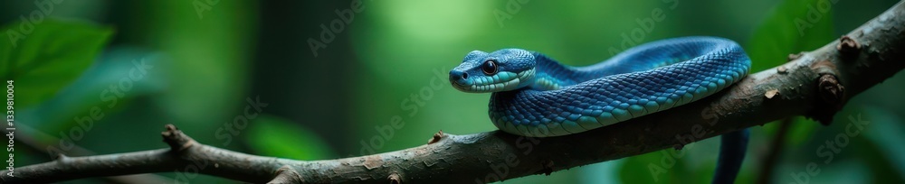 Blue viper Insularis coiled on branch, rainforest background , blue viper, green, ophidian Blue viper Insularis coiled on branch, rainforest background , blue viper, green, ophidian
