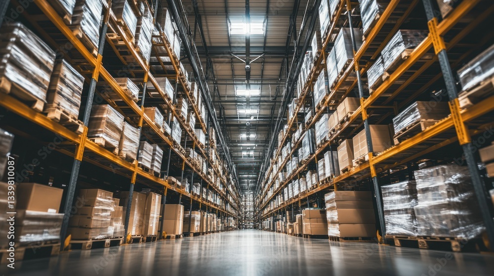 Interior of a large warehouse filled with stacked merchandise products Interior of a large warehouse filled with stacked merchandise products