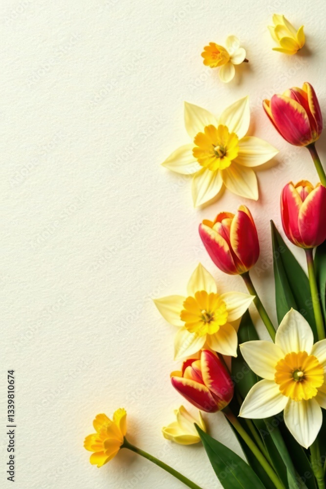 Fototapeta premium Delicate tulips & daffodils on textured cream paper, spring, springtime, white