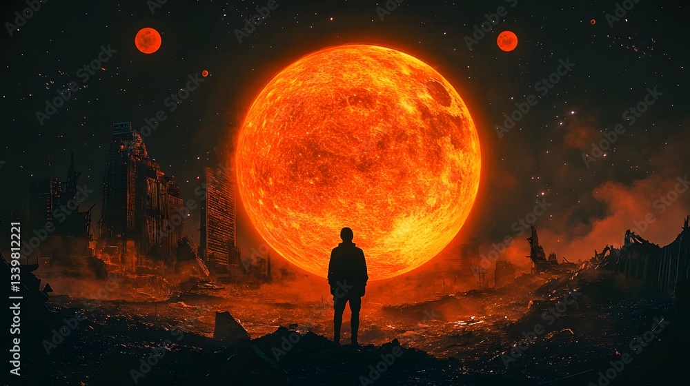 Silent Observer: A solitary figure stands, gazing in awe at a colossal, fiery celestial body against the backdrop of a dark, alien landscape Silent Observer: A solitary figure stands, gazing in awe at a colossal, fiery celestial body against the backdrop of a dark, alien landscape