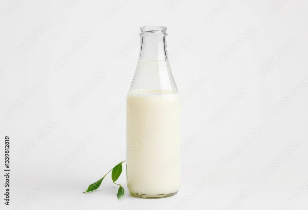 A full, unopened glass milk bottle against a pure white backdrop, container, milk bottle A full, unopened glass milk bottle against a pure white backdrop, container, milk bottle
