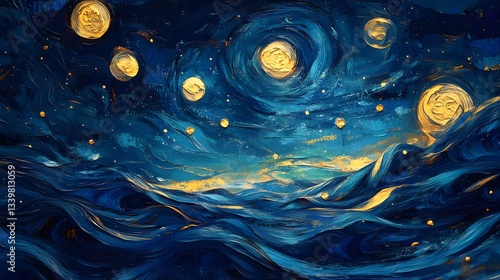 Celestial Symphony: A stunning oil painting depicting a vibrant night sky filled with swirling blues, radiant stars, and celestial bodies, evoking a sense of wonder and artistic expression.